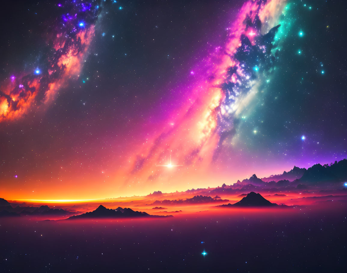 Colorful Cosmic Sky Over Silhouetted Mountains with Shooting Star