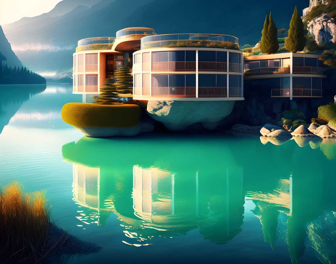 Rounded futuristic buildings by serene lake at dusk