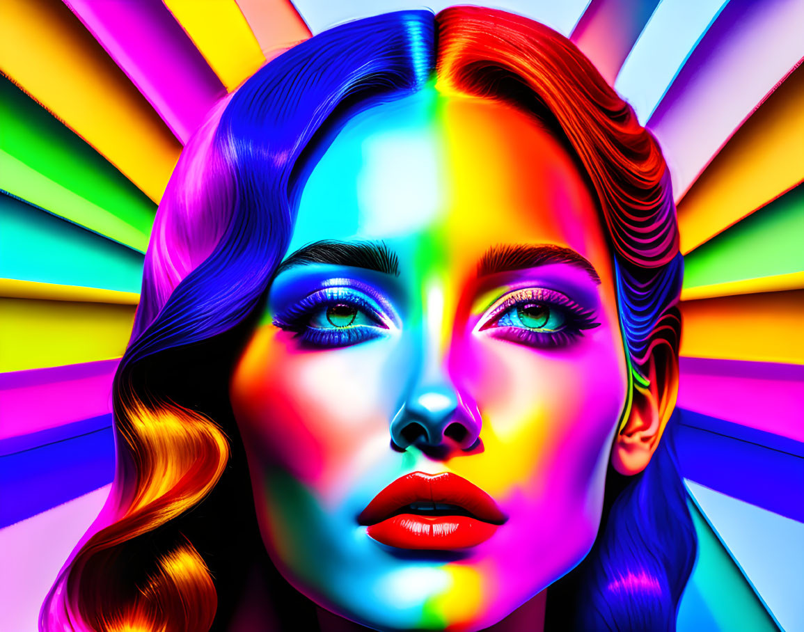 Colorful digital artwork: Woman's face in rainbow hues with starburst backdrop