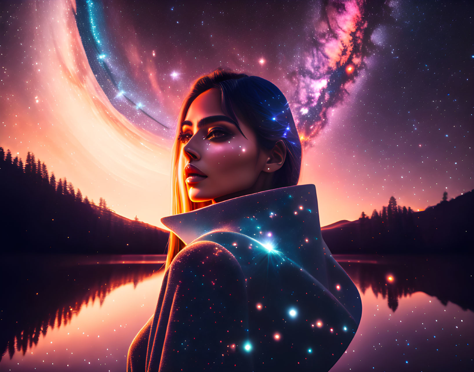 Glowing skin woman in cosmic backdrop with galaxy and stars over tranquil lake