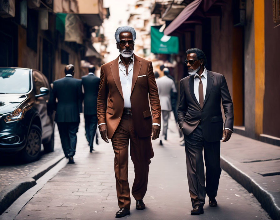 Two fashionable men strolling in urban alleyway with buildings and car.