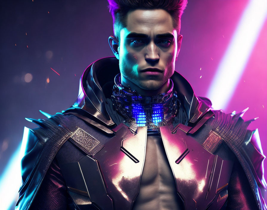 Futuristic warrior in glowing blue armor against neon pink backdrop