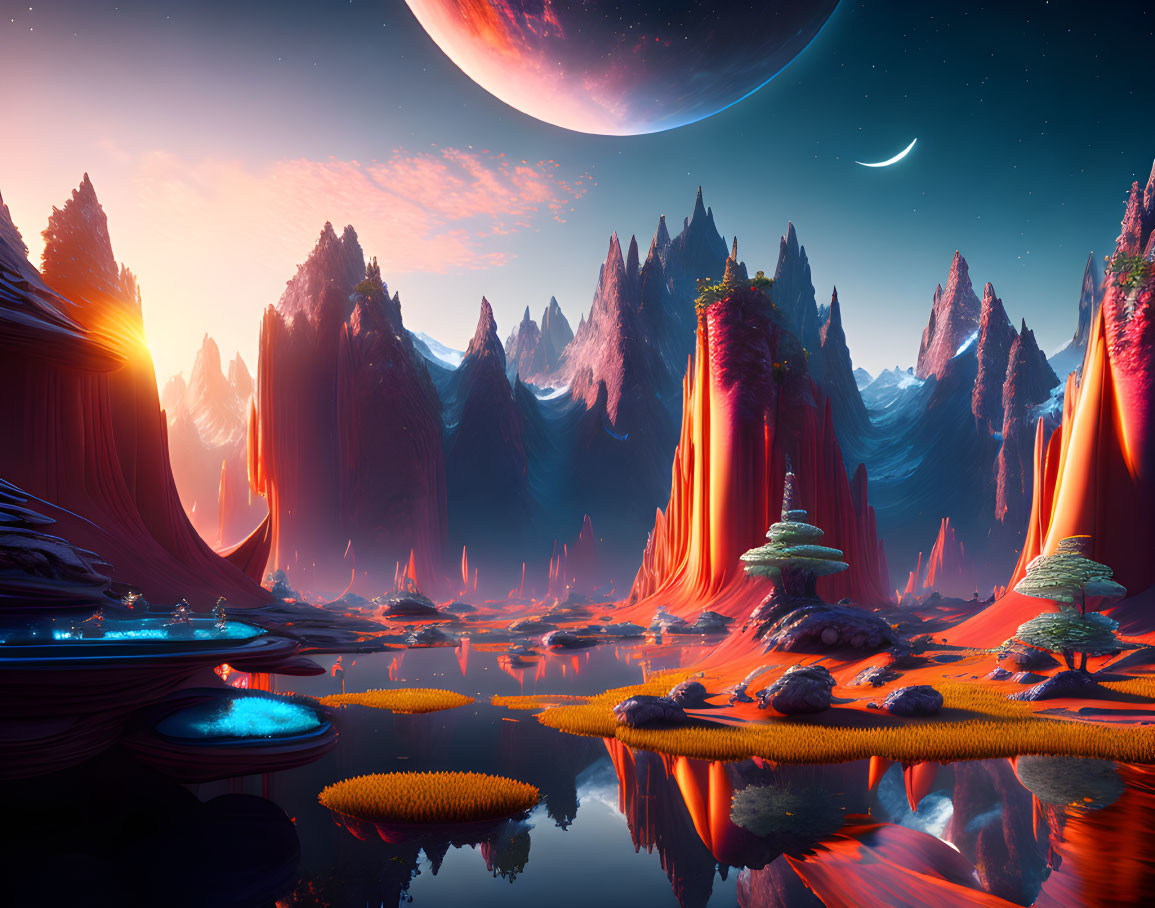 Majestic alien landscape with glowing waters and towering mountains