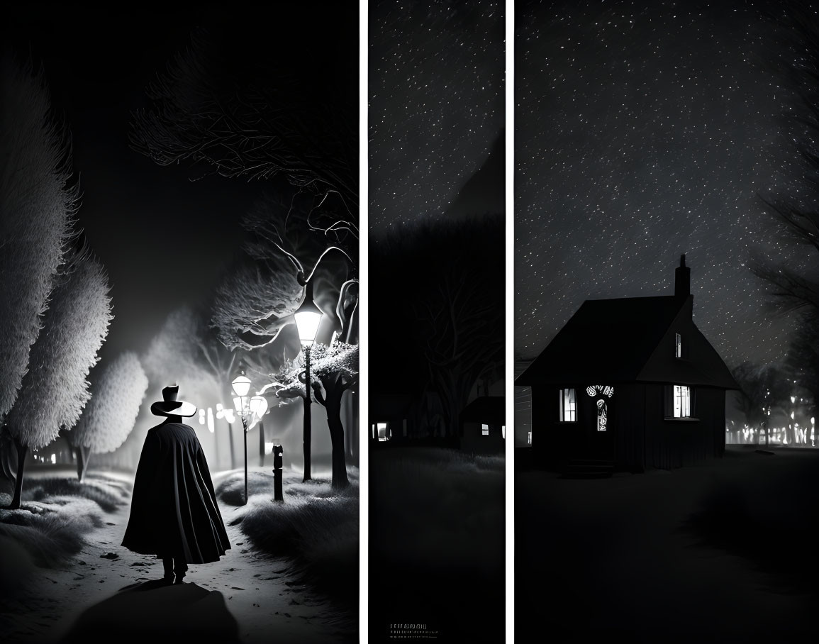 Monochromatic night scenes diptych: person under lamppost, lone house under starry