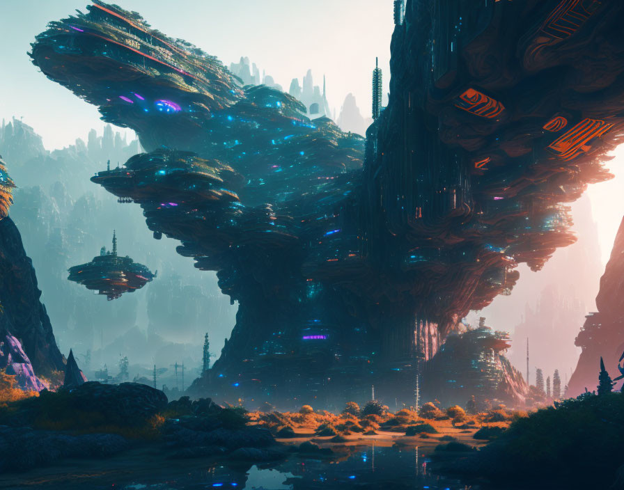 Alien landscape with towering organic structures and floating vessels