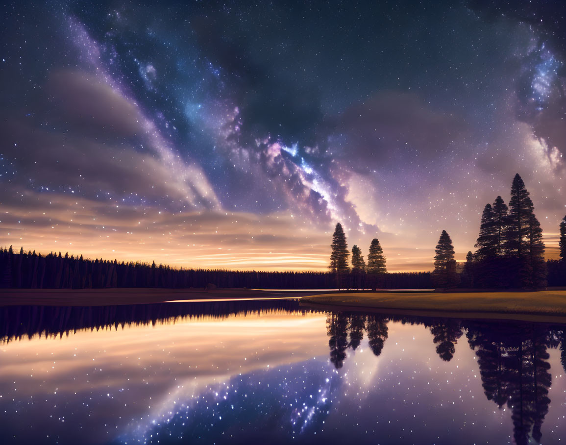 Tranquil lake mirroring vivid Milky Way and silhouetted pine trees