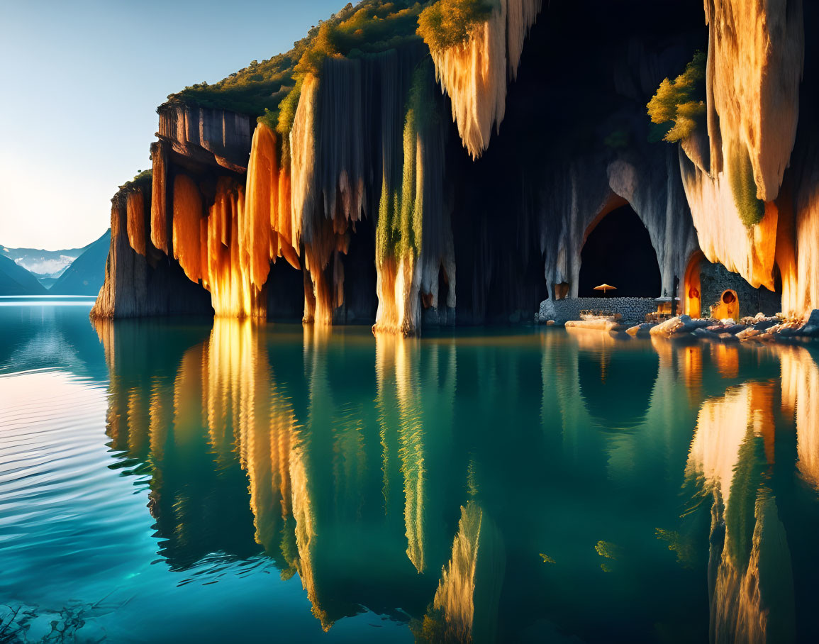 Stunning limestone caves with hanging stalactites over turquoise waters at sunset