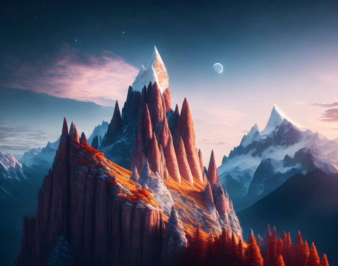 Twilight mountain peaks with red foliage and crescent moon.