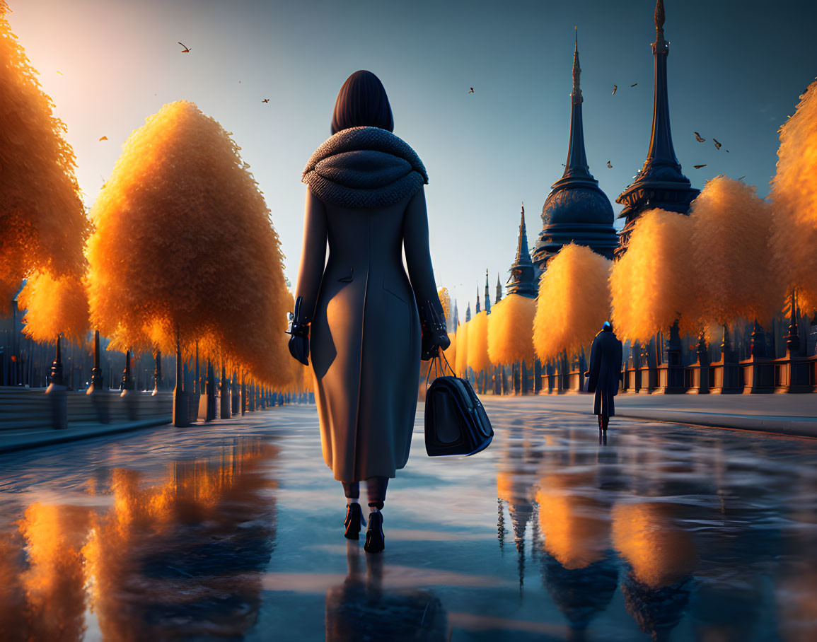 Woman walking towards ornate buildings on reflective surface with autumn trees and flying birds.