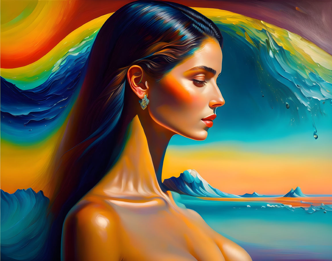 Vibrant surreal painting: Woman merges with colorful ocean and mountains