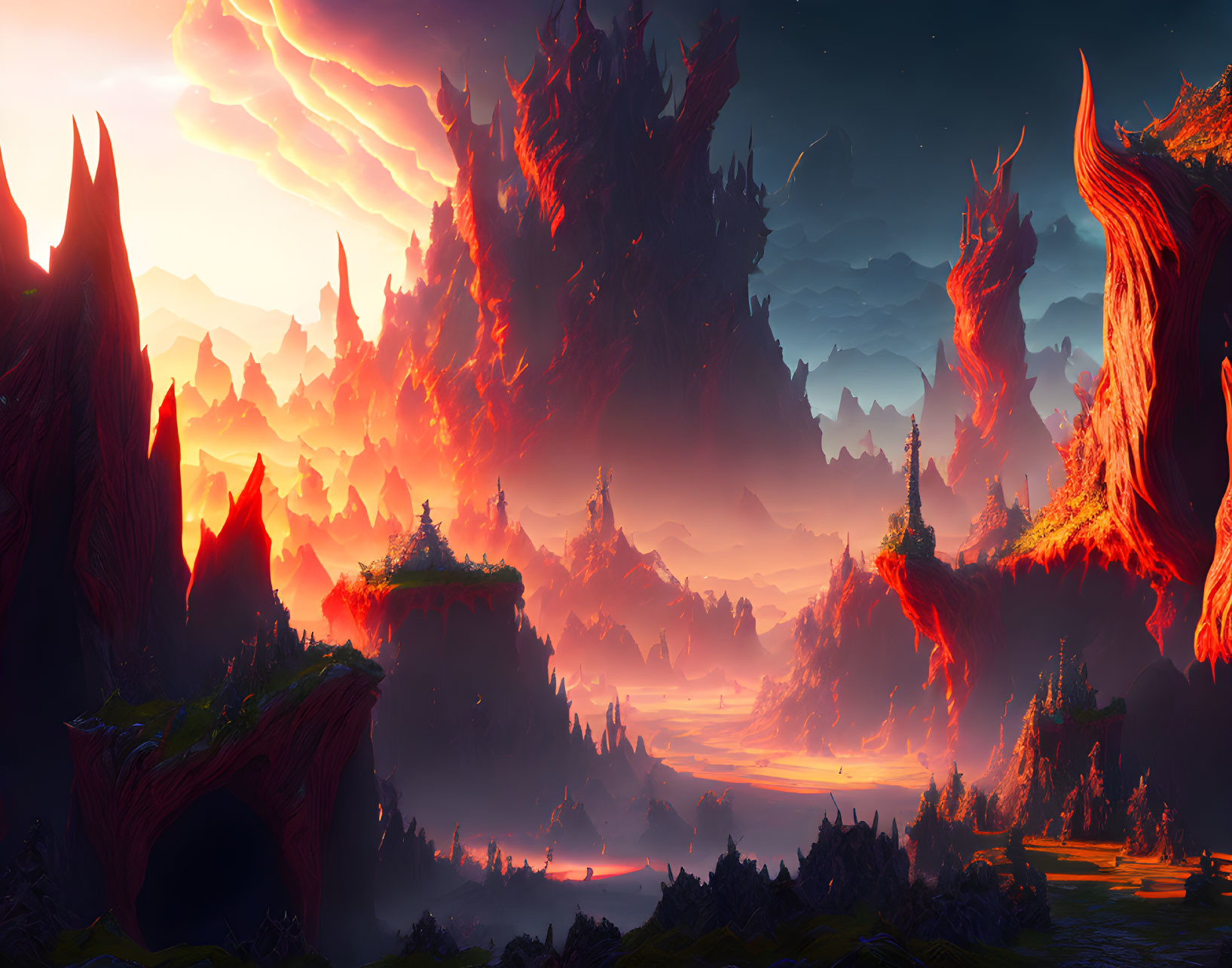 Fantasy landscape: Sunset, floating islands, red vegetation, fiery sky