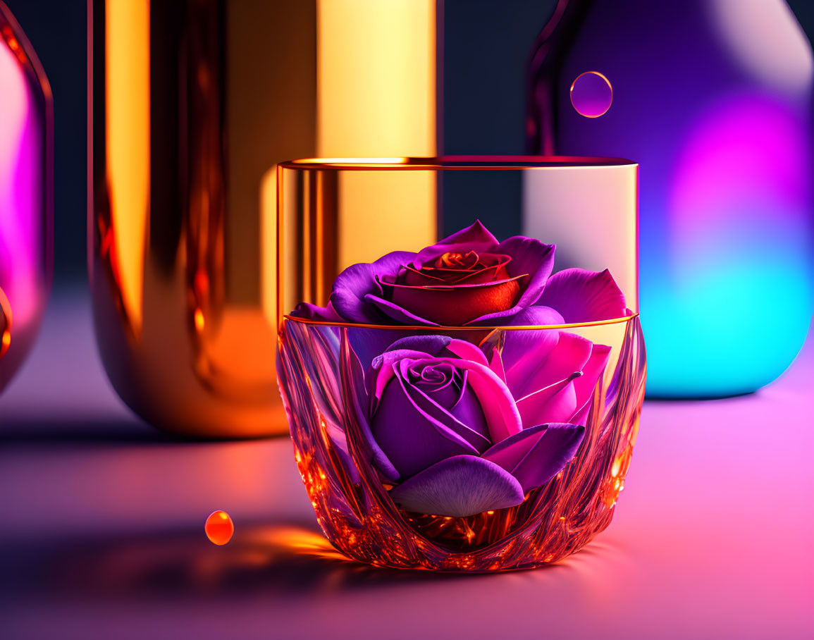 Crystal glass with stylized roses on colorful abstract backdrop