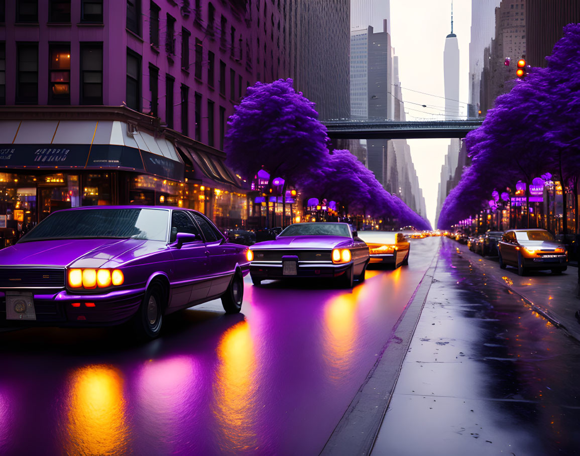 Vintage cars on rain-soaked street with purple trees, city skyline, and bridge.