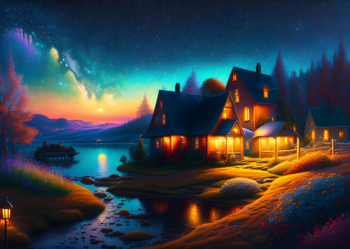 Lakeside house at twilight with glowing windows and aurora sky