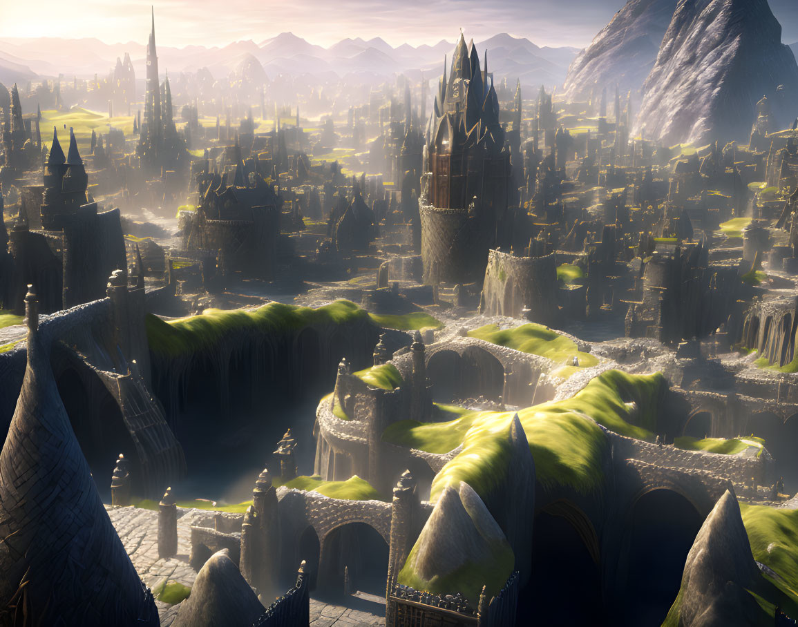 Majestic castles and spires in lush fantasy landscape