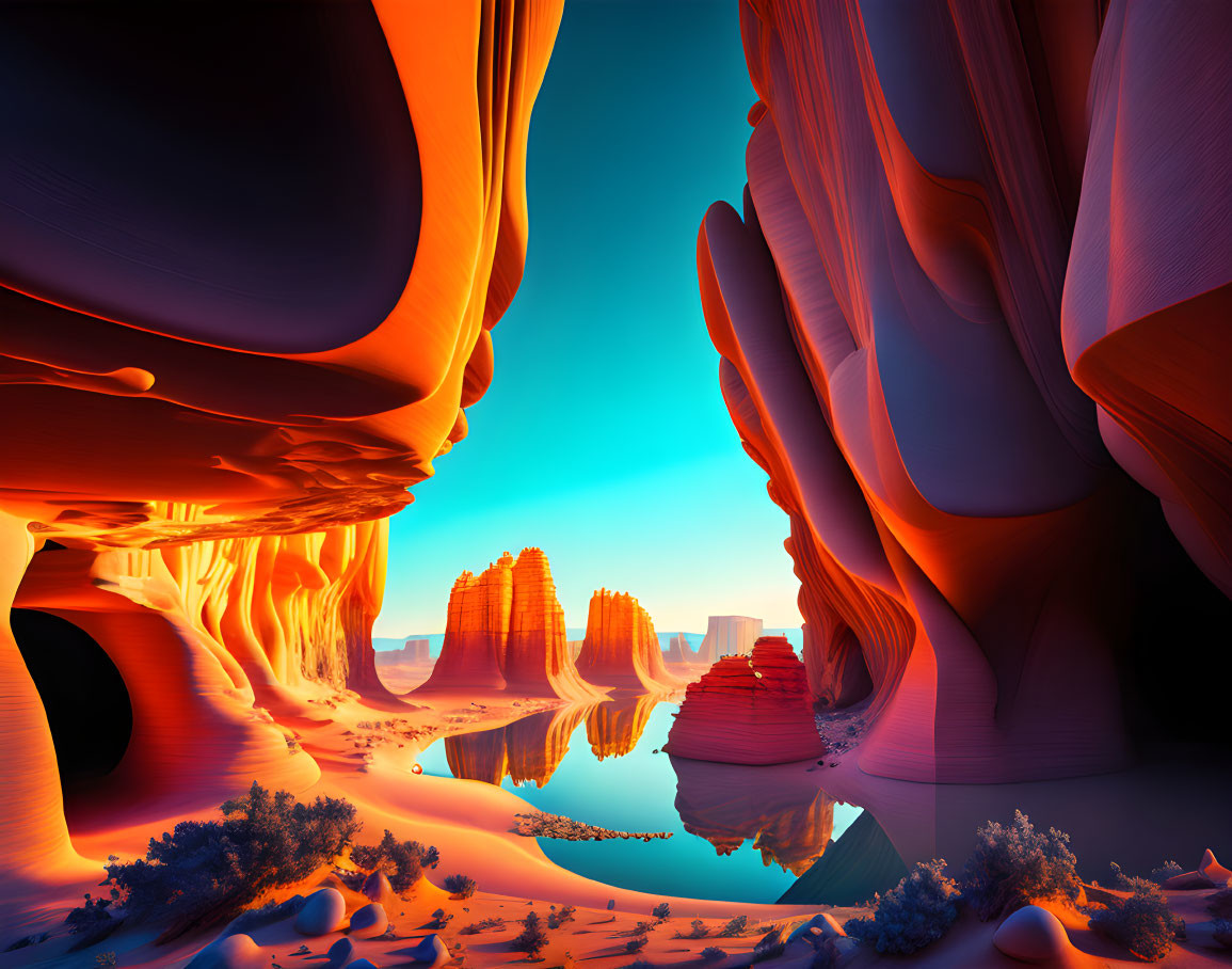 Surreal desert landscape with orange and blue hues, rock formations, arches, and reflective water