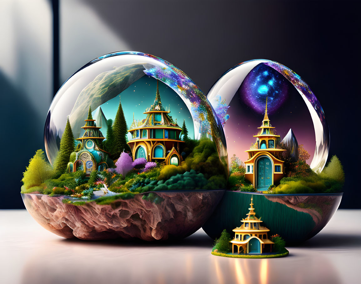 Detailed Fantasy Egg-Shaped Globes with Vibrant Landscapes and Castles