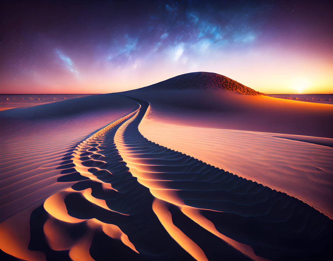 Patterned sand dunes meet colorful twilight sky at dusk