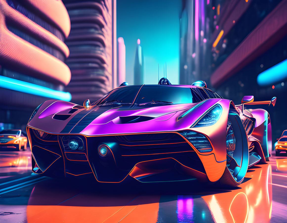 Futuristic Purple Sports Car with Neon Highlights in Vibrant City Street