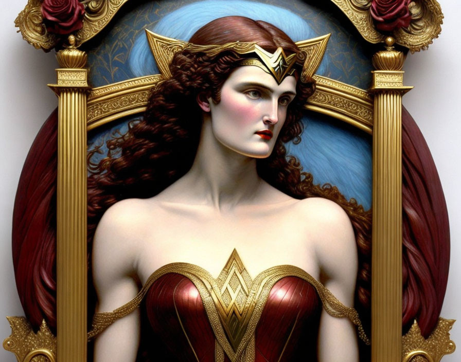 Illustration of woman in Wonder Woman costume with golden tiara and red hair