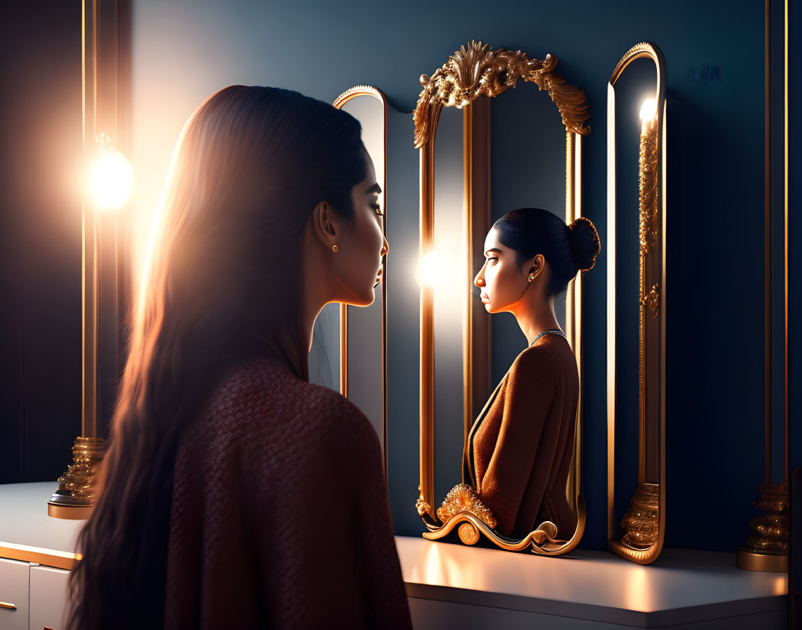 Woman Reflecting in Elegant Setting with Mirror