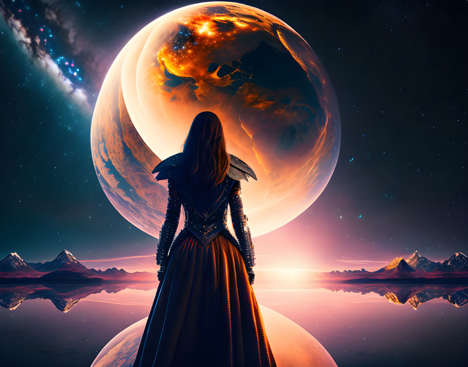 Female warrior in medieval armor gazes at giant planet over mountains