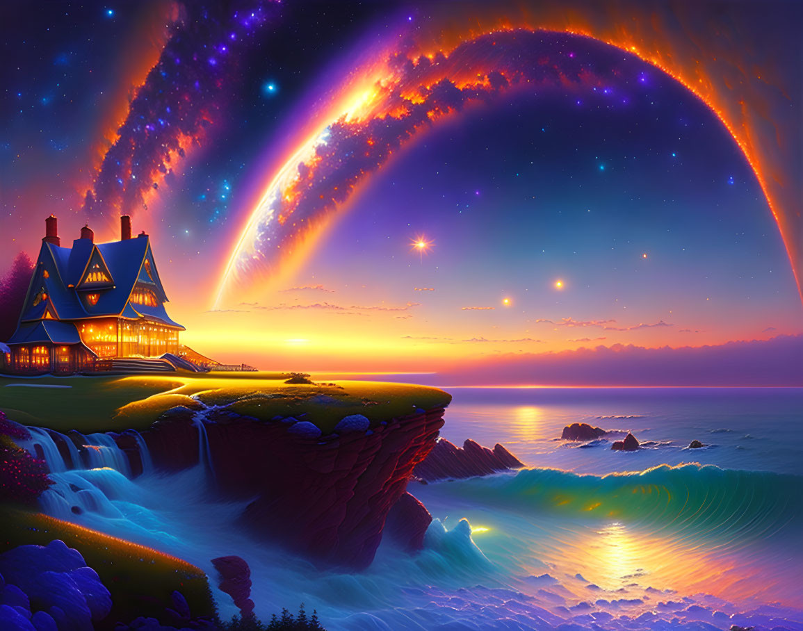 Digital art: Cliffside house, ocean view, sunset, galaxy sky