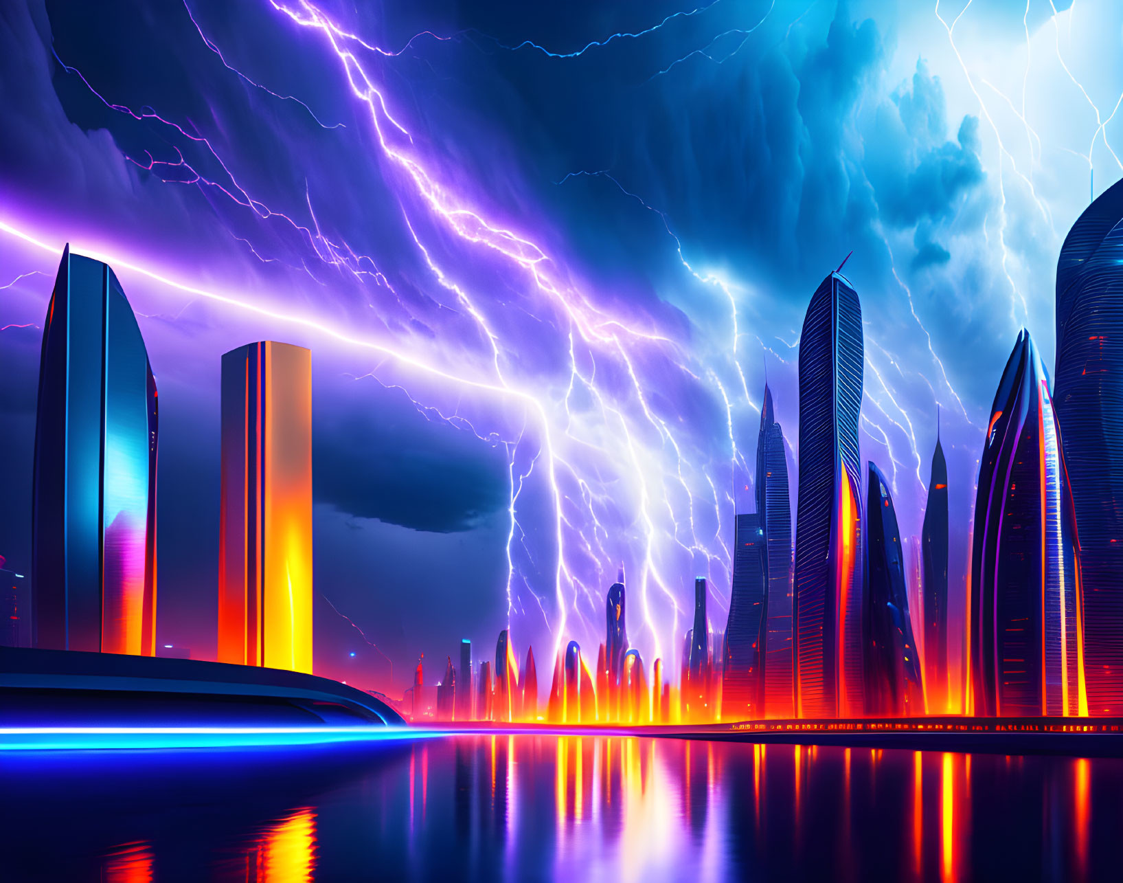 Futuristic city skyline under dramatic purple sky with lightning and water reflection