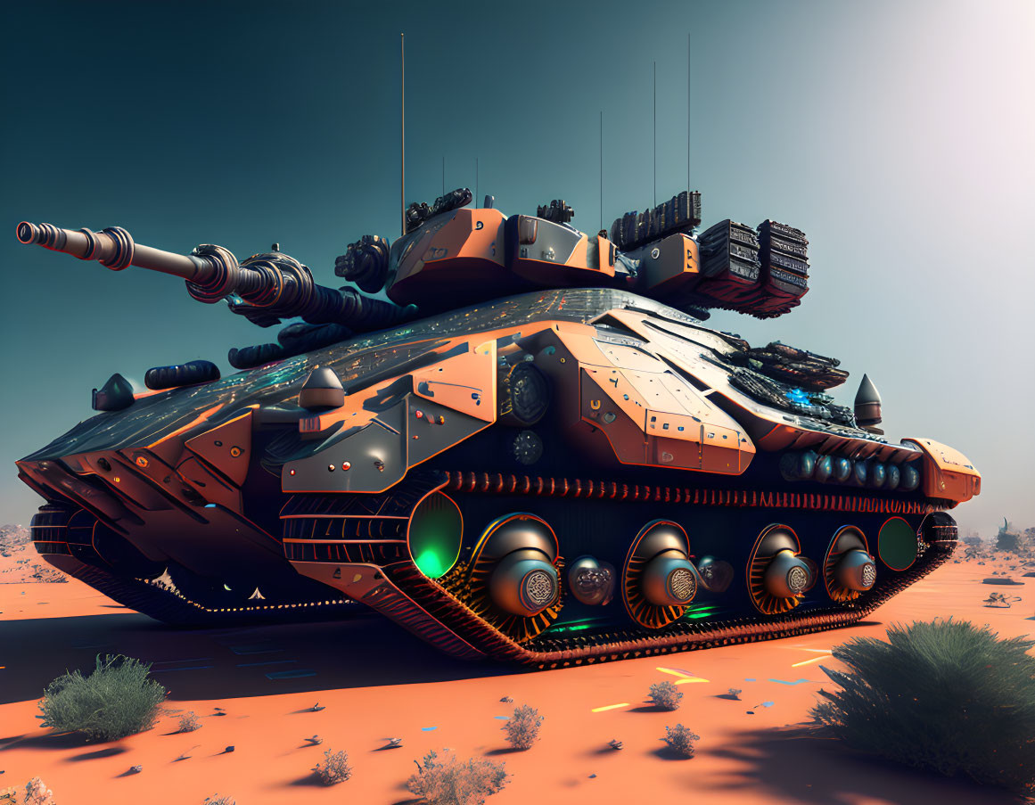 Advanced futuristic battle tank with multiple cannons and advanced armor in desert setting