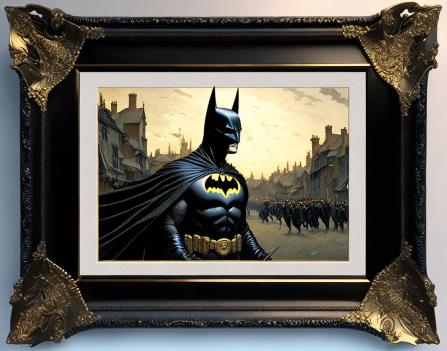 Detailed Batman costume illustration against old buildings in baroque frame