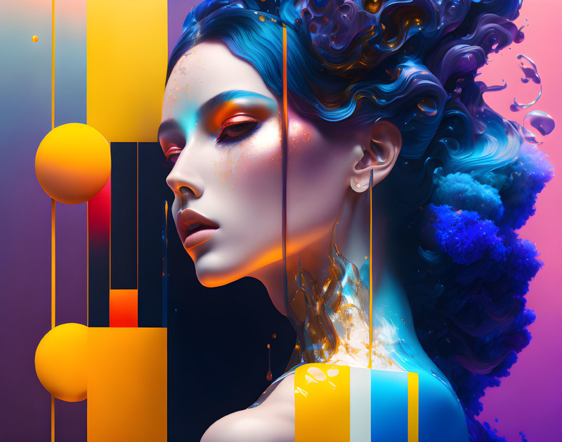 Vibrant digital artwork: Woman with blue hair and abstract shapes on multicolored background