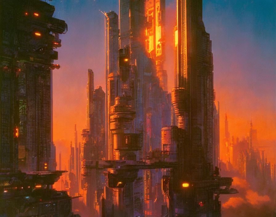 Futuristic cityscape with neon-lit skyscrapers at dusk