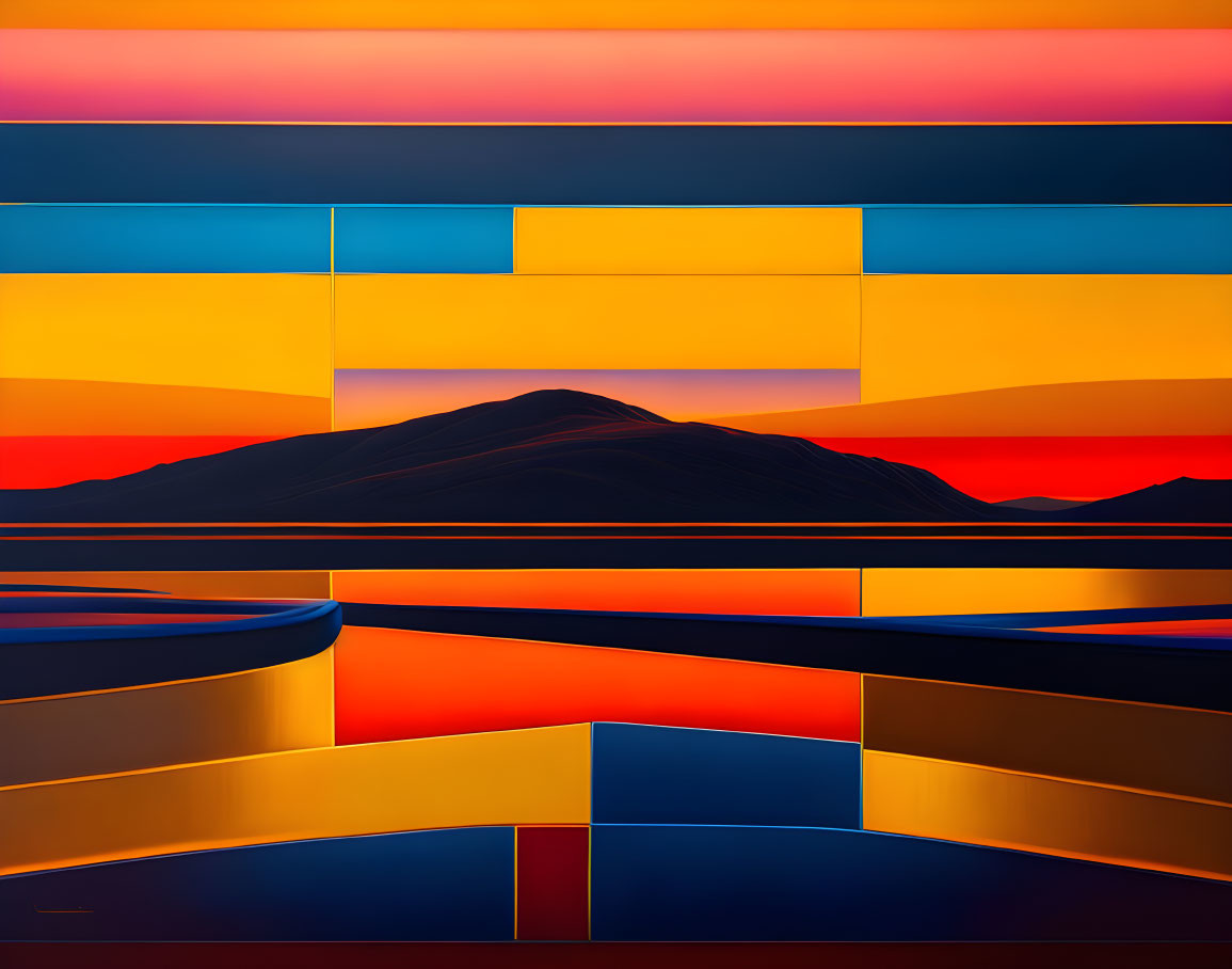 Colorful geometric sunset landscape with mirrored water effect