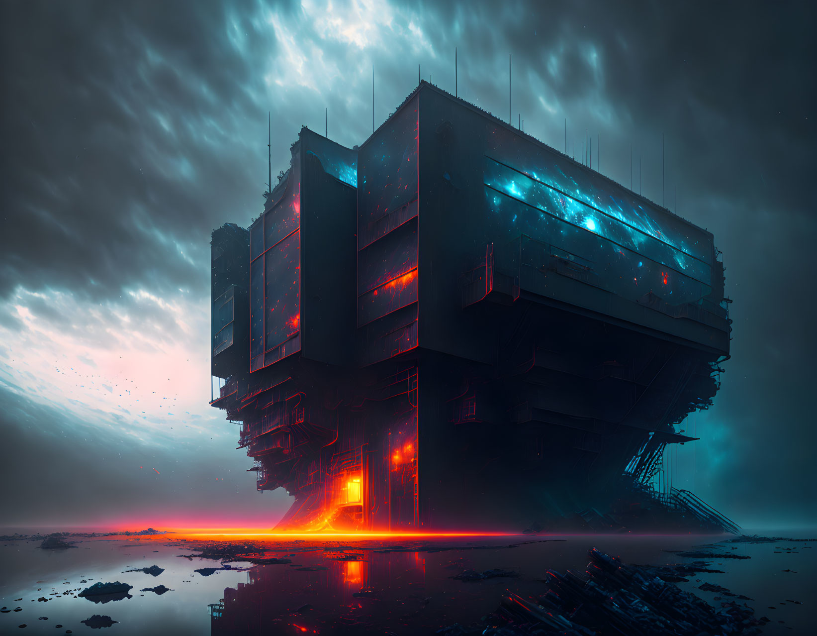 Futuristic building with blue and red lights under stormy sky