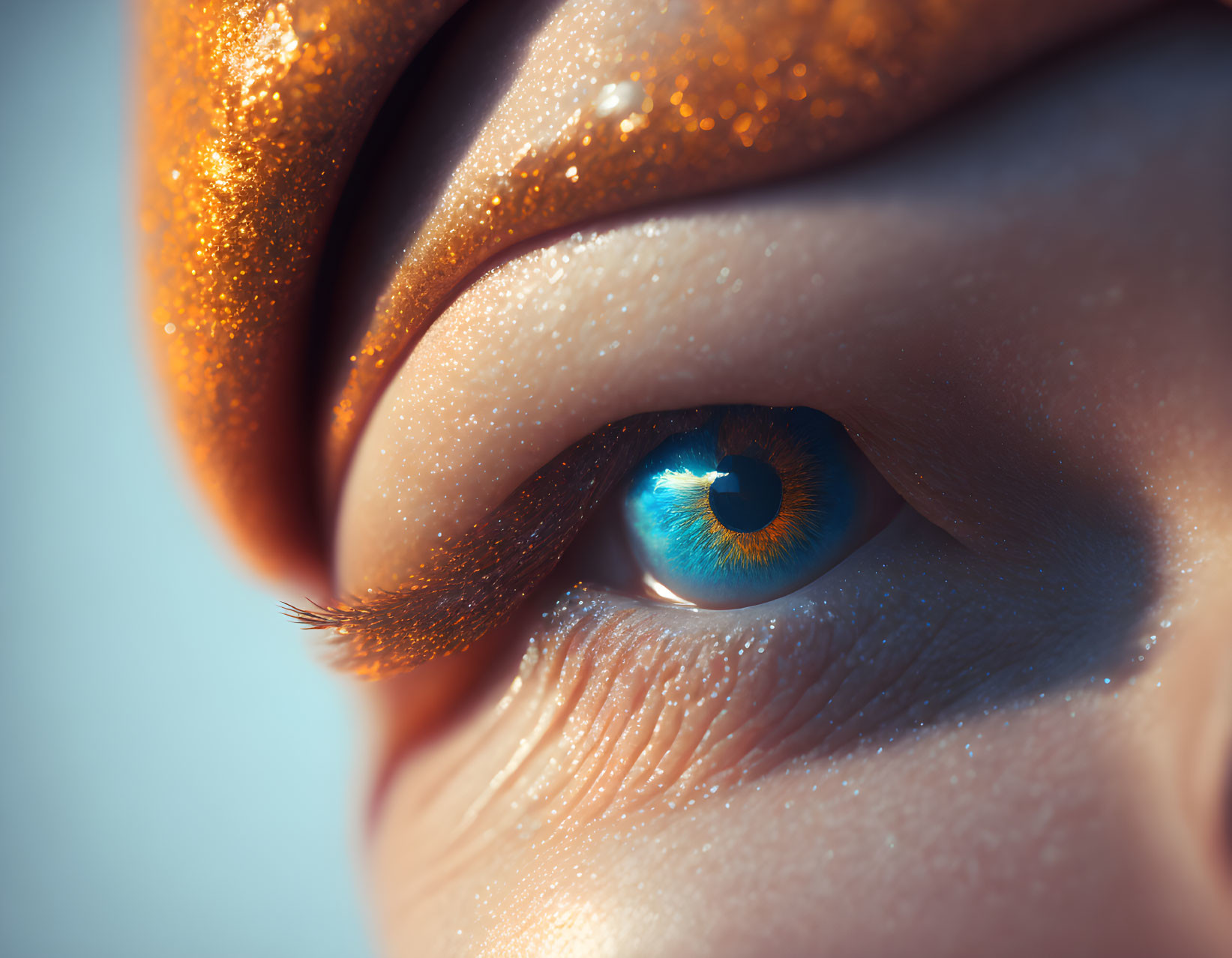 Detailed close-up of blue eye with orange glitter and long eyelashes on neutral backdrop