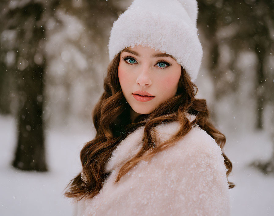 Brunette Woman with Blue Eyes in Winter Forest Setting