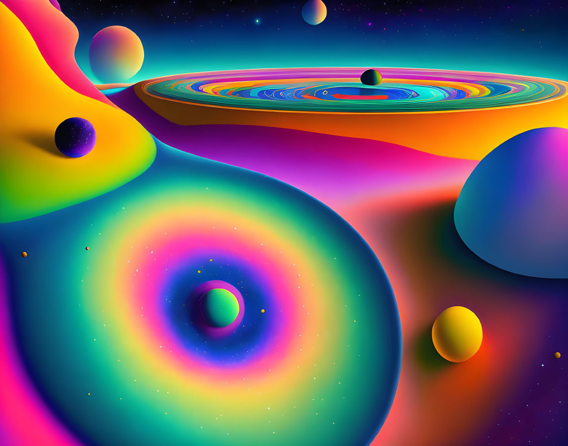 Colorful surreal cosmic landscape with swirling patterns and planets blending into space