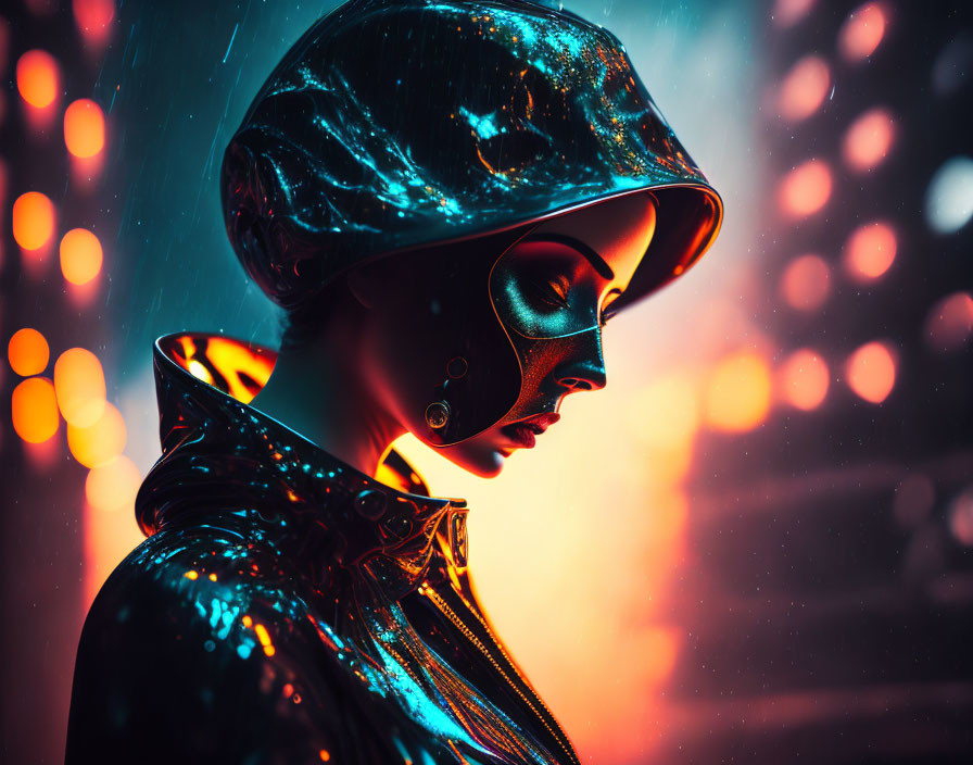 Futuristic figure in glossy attire against neon-lit, rain-soaked backdrop