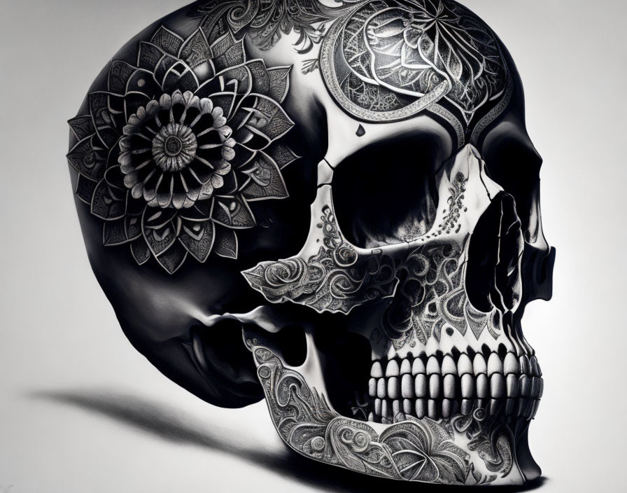 Detailed Black and White Human Skull Drawing with Floral and Paisley Patterns