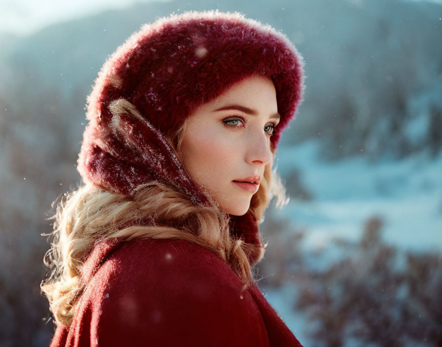 Woman in red coat and furry hat gazes over snowy landscape