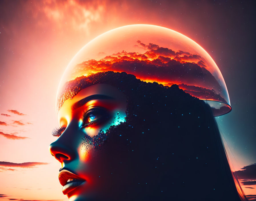 Woman's profile digital art: cosmic theme, sunset clouds in astronaut helmet headgear against starry sky