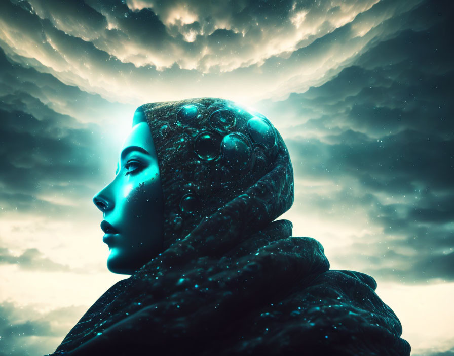 Surreal woman with cosmos skin texture and celestial cloak.