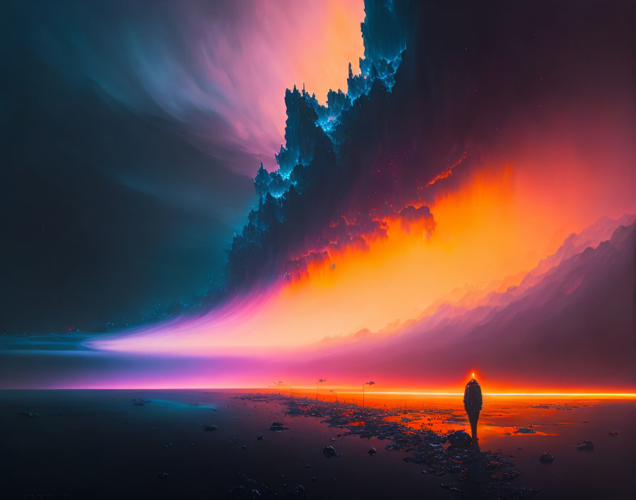 Solitary figure on surreal beach at twilight with vibrant orange and purple sky