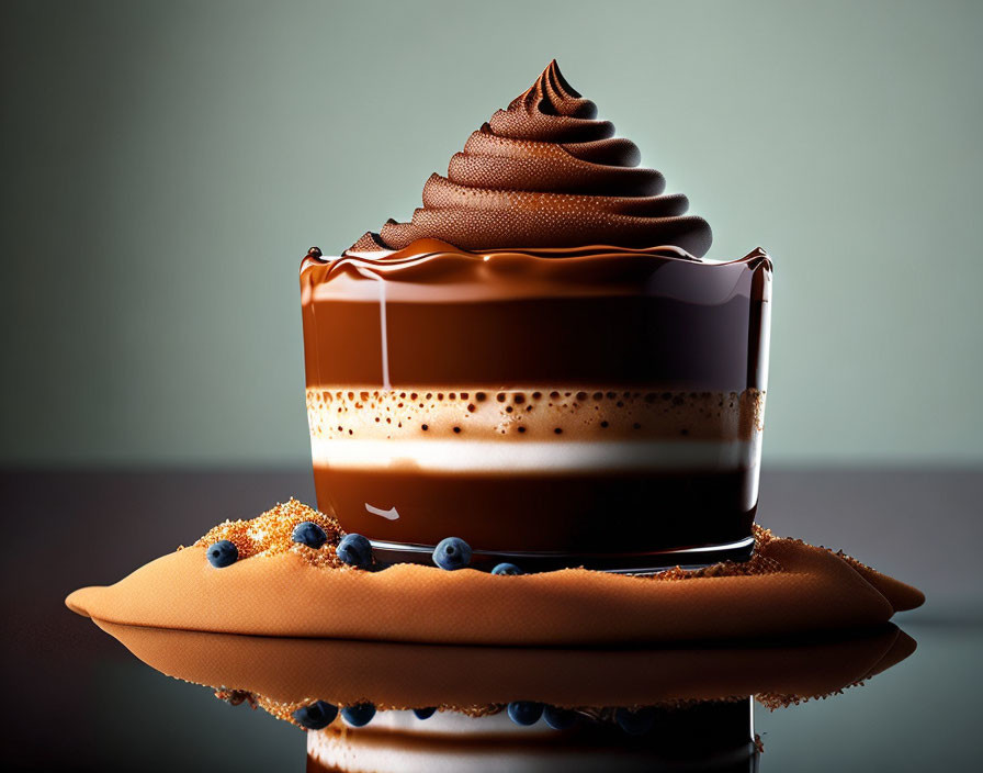 Layered Chocolate Mousse Dessert with Blueberries on Sleek Surface