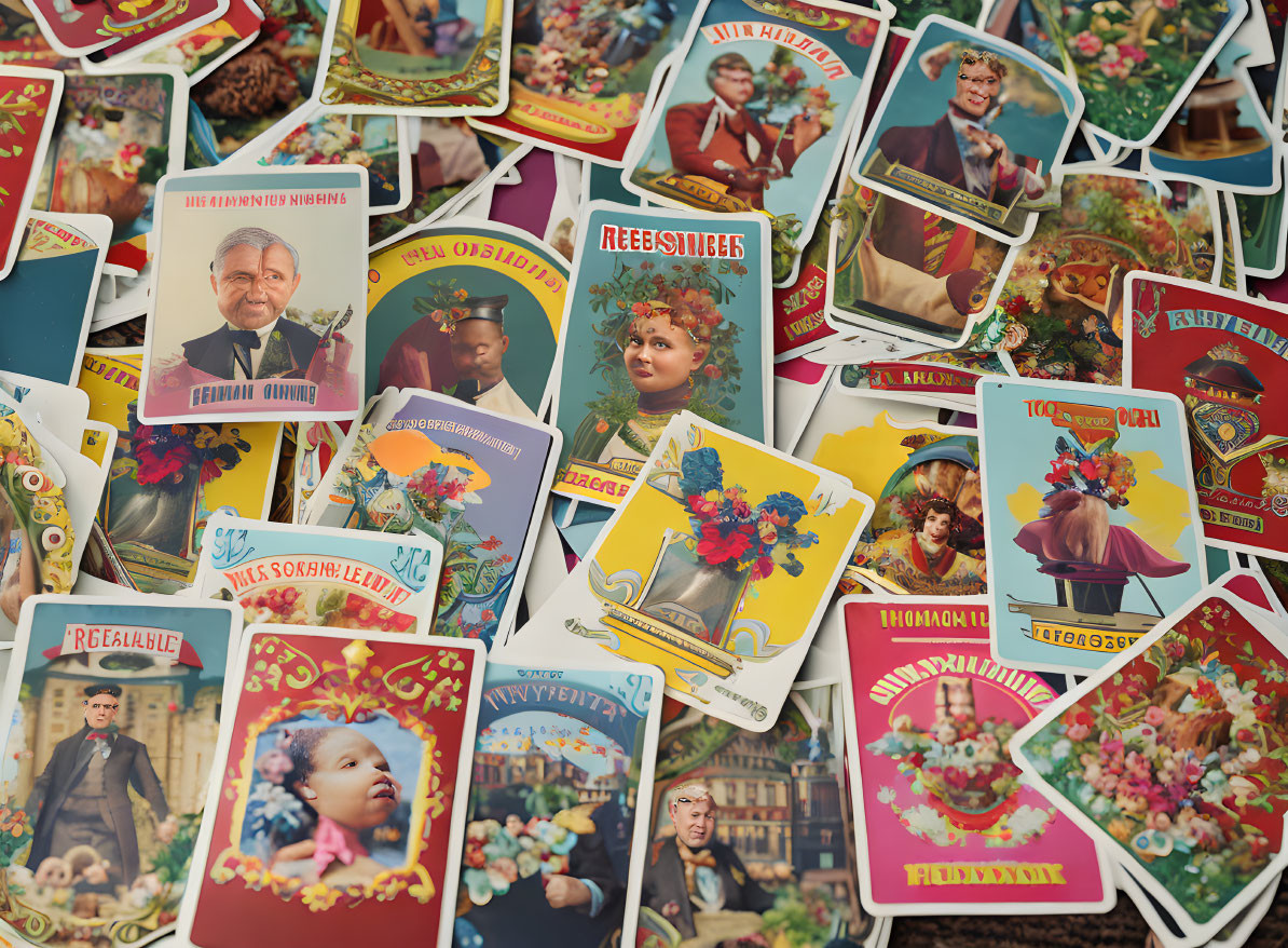 Colorful vintage trading cards with assorted illustrations and photographs.