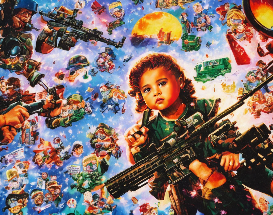 Serious child with toy gun surrounded by colorful military illustrations