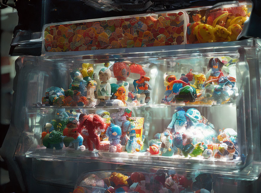 Assorted Vintage Toys Displayed in Clear Case with Colorful Lighting