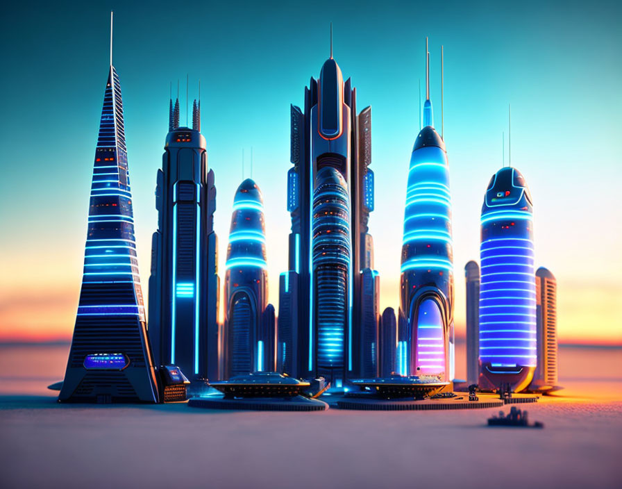 Futuristic city skyline with illuminated skyscrapers at sunset