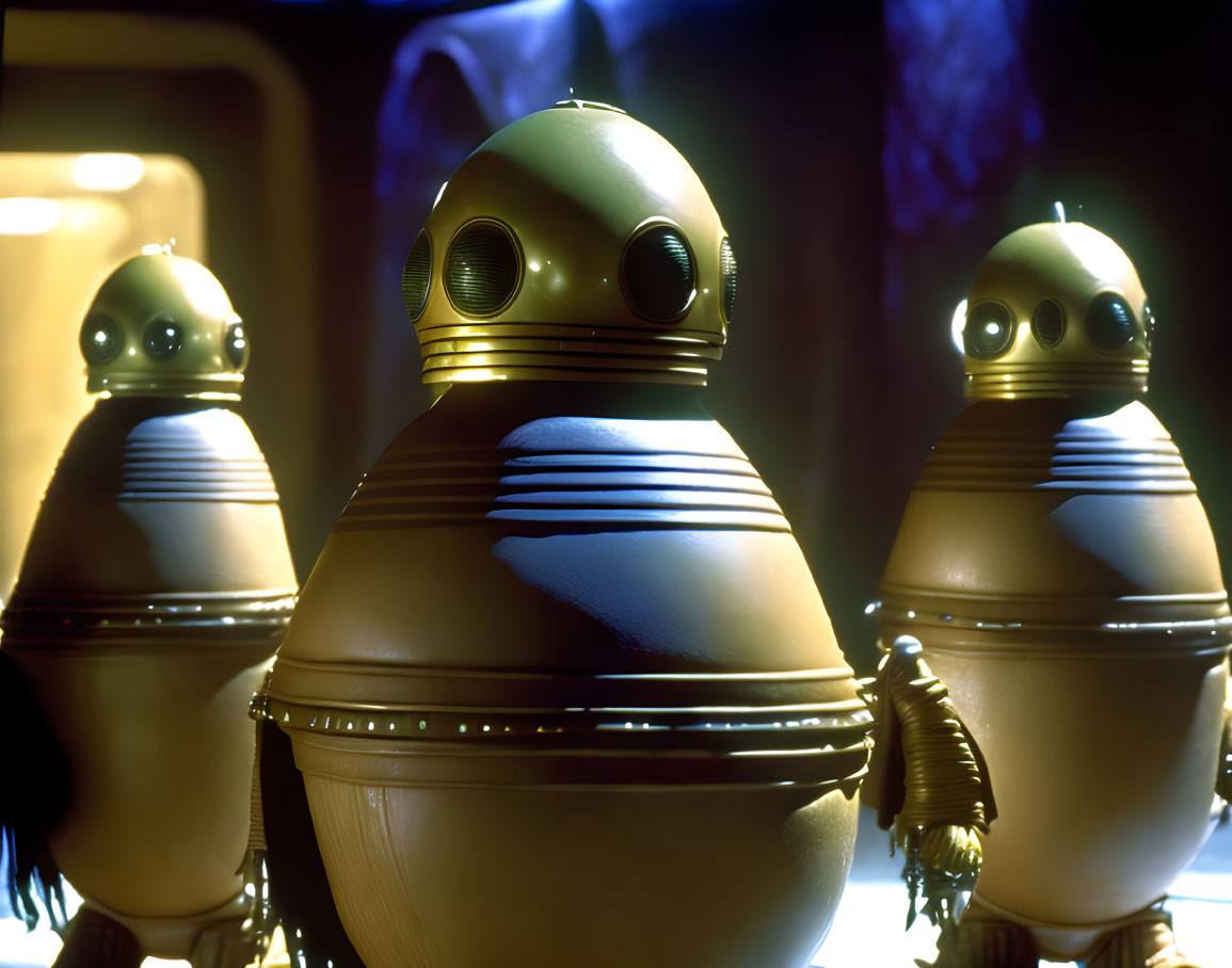 Three Vintage-Looking Golden Robot Figures on Dark Background