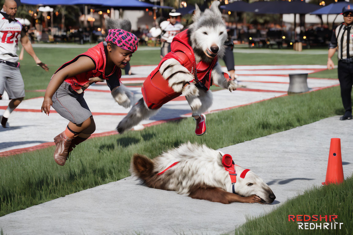 Child, two dogs in red outfits playfully race with one leaping and the other relaxing on grass